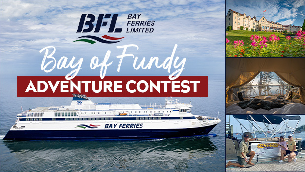 An image of a Bay Ferries Ferry with the words Bay of Fundy Adventure Contest