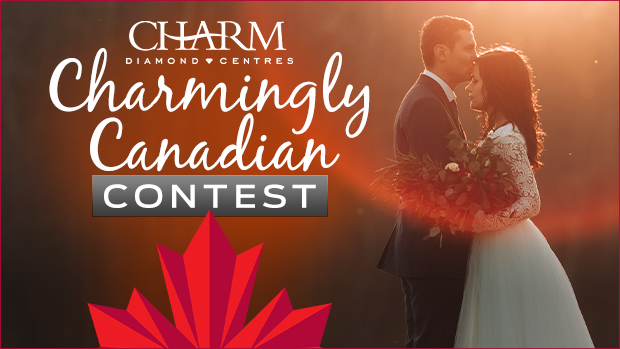 A bride and grrom at sunset and the text Charmingly Canadian Contest