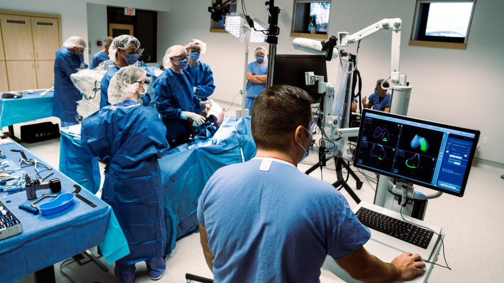 The innovative robotic arm, the second of its kind in Canada,  is controlled by a surgeon during hip and knee surgeries using unprecedented precision for the placement of a joint implant. (Photo courtesy: QEII Foundation)