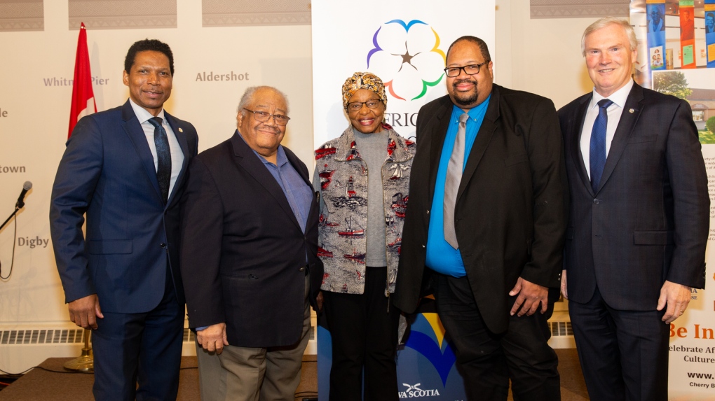 Pictured from left to right: African Nova Scotian Affairs Associate Deputy Minister Dwayne Provo, Black Cultural Society founding members Wayne Adams and Joyce Ross, Black Cultural Centre Executive Director Russell Grosse, and Fisheries and Aquaculture Minister Steve Craig. (Nova Scotia government)