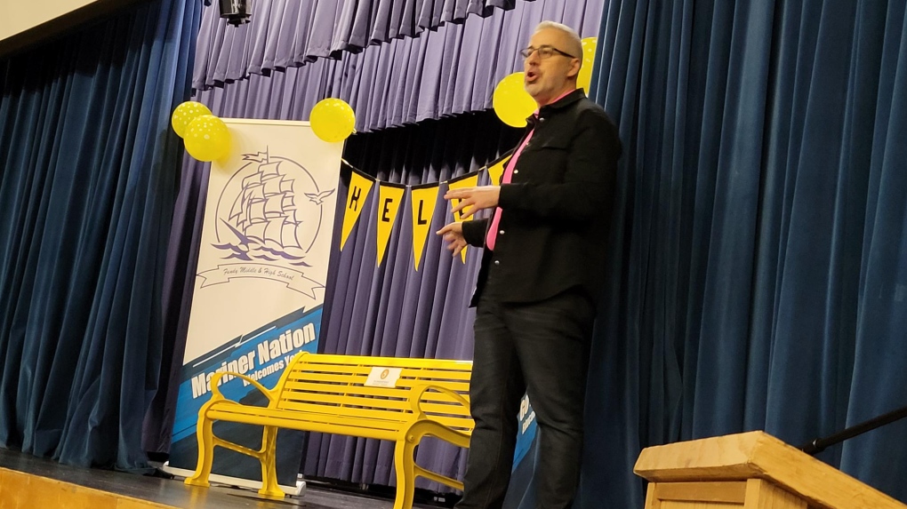 Sam Fiorella makes a presentation at Fundy Middle and High School in St. George, New Brunswick. (Source: Anglophone School District/Twitter) 