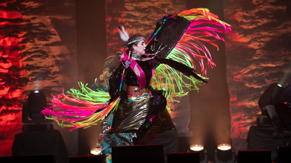 An Indigenous dancer takes part in the opening performance at the East Coast Music Awards in Fredericton on Thursday May 5, 2022. THE CANADIAN PRESS/Kelly Clark