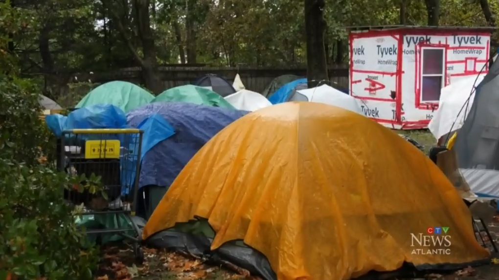 An encampment for people experiencing homelessness is seen in Dartmouth, N.S.