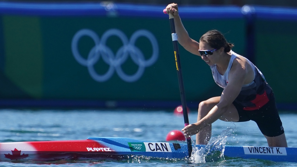 Katie Vincent, of Canada, competes during the canoe sprint women's C-1 200m semi-finals at the 2020 Summer Olympics, Thursday, Aug. 5, 2021, in Tokyo, Japan. (THE CANADIAN PRESS/Nathan Denette)