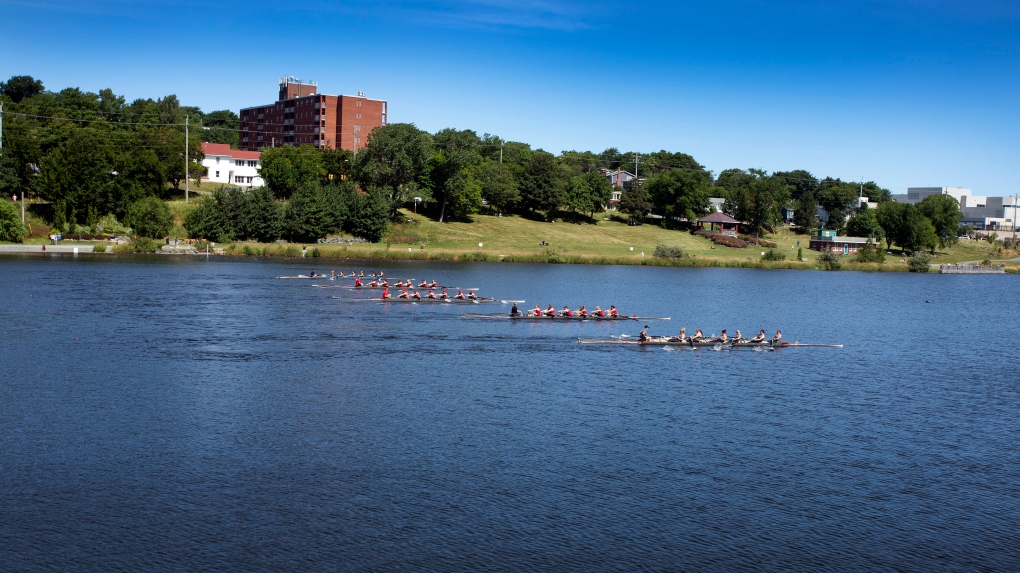 Teams participate in the Royal St. John's Regatta at Quidi Vidi Lake in in St. John's, N.L., on Thursday, August 5, 2021. (THE CANADIAN PRESS/Paul Daly)