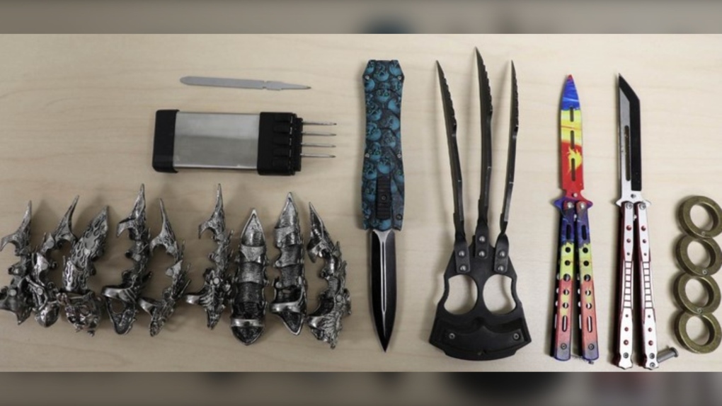 Police and CBSA officers seized these prohibited weapons from a home in Amherst, N.S., on Aug. 10, 2022. (Canada Border Services Agency)