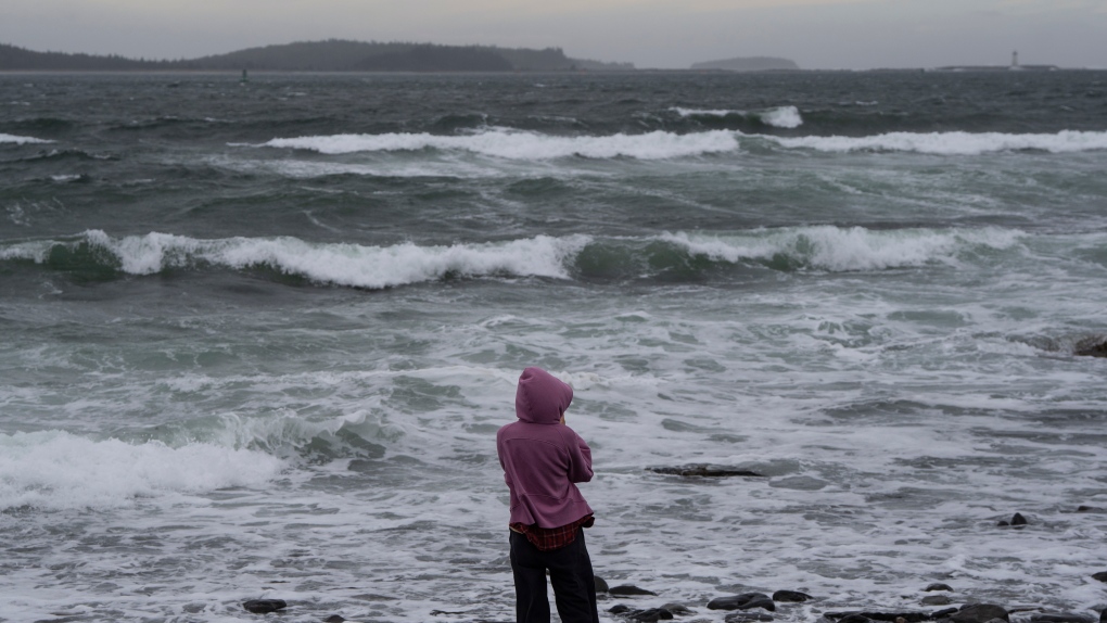A person watches waves crash near the shoreline at Point Pleasant Park in Halifax on Sunday, October 8, 2023. (THE CANADIAN PRESS/Darren Calabrese)