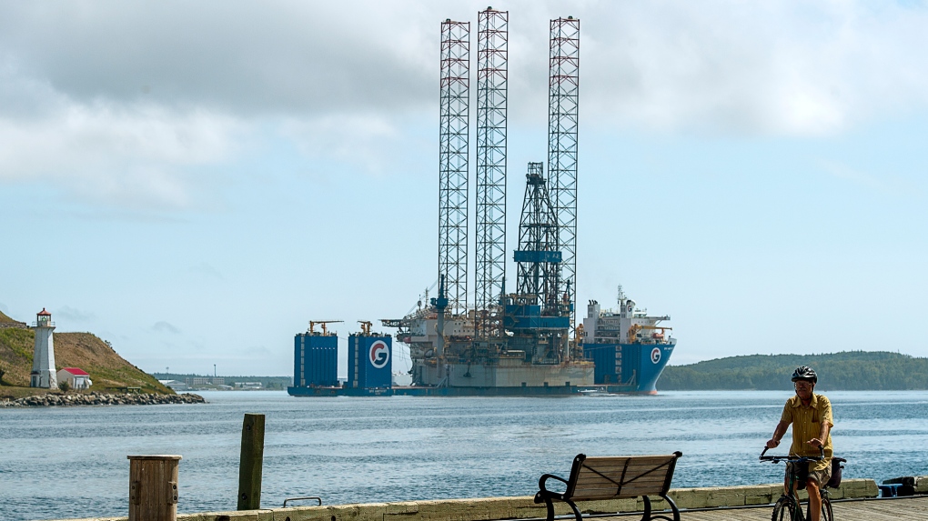 The jack-up rig Noble Regina Allen sits on the heavy-lift vessel GPO Amethyst in Halifax harbour on Tuesday, Sept. 8, 2020. THE CANADIAN PRESS/Andrew Vaughan
