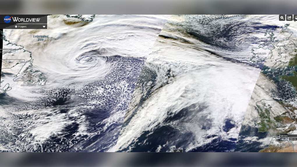NASA satellite imagery showing cloud created by an intense and sprawling storm sitting over the North Atlantic.