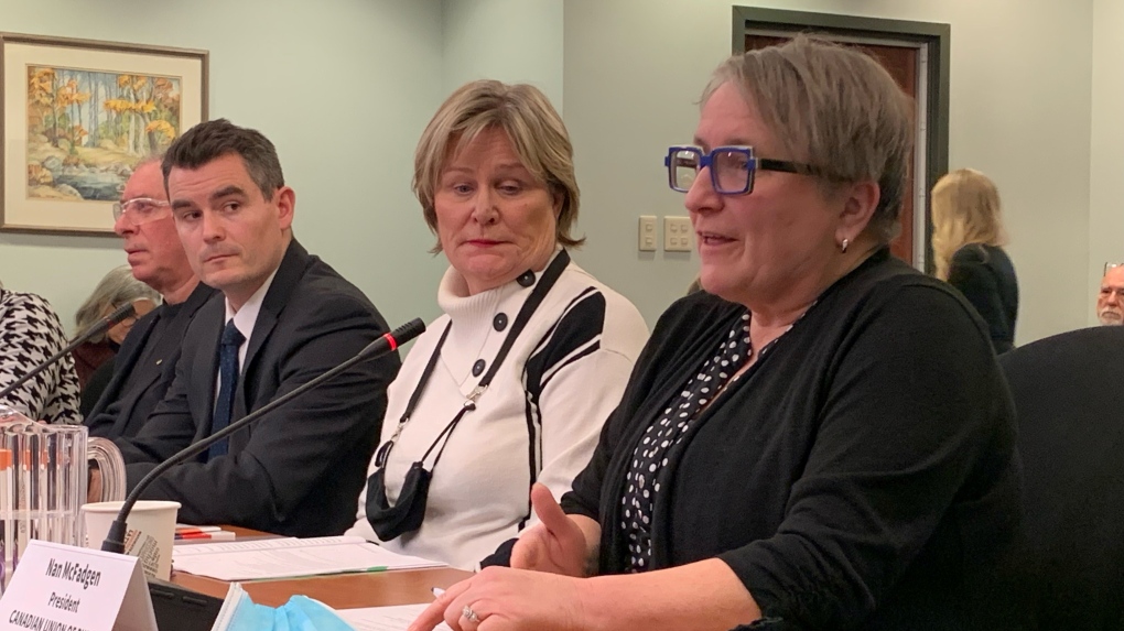CUPE Nova Scotia President Nan McFadgen, right, speaks to the standing committee on health in Halifax on Feb. 14, 2023. (Heidi Petracek/CTV) 