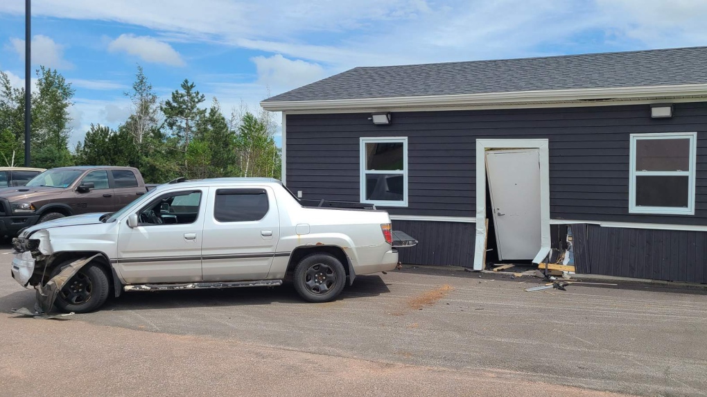 According to police, a pickup truck driver “intentionally” rammed a building at the Montague detachment three times at 12:30p.m., RCMP said in a statement Tuesday. (Photo: P.E.I. RCMP)