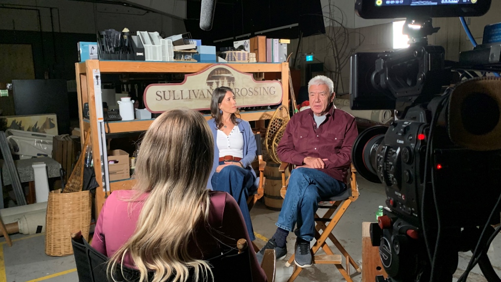 CTV's Katie Kelly chats with Andrea Menard and Tom Jackson on the set of “Sullivan’s Crossing.” (Katie Kelly/CTV Atlantic)